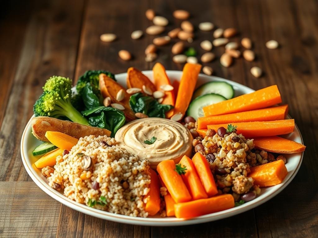 A balanced, plant-based meal plate sits atop a rustic wooden table, illuminated by soft, natural lighting. In the foreground, a vibrant array of colorful vegetables and legumes, arranged with artistic precision - steamed broccoli florets, roasted sweet potato wedges, sautéed spinach, and a hearty serving of quinoa. The middle ground features a creamy, protein-rich hummus dip surrounded by crisp carrot and cucumber sticks. In the background, a scattering of toasted almonds and a sprinkling of fresh herbs add texture and depth to the composition. The overall atmosphere is one of nourishment, balance, and the vibrant vitality of a plant-powered lifestyle.