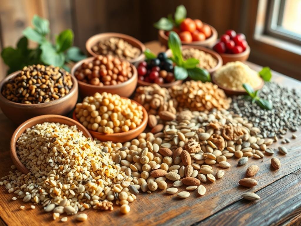 A bountiful arrangement of protein-rich superfoods on a rustic wooden table, bathed in warm, natural lighting. In the foreground, a selection of vibrant ingredients such as quinoa, lentils, chickpeas, and chia seeds spill out from earthenware bowls, their textures and colors inviting. In the middle ground, various nuts and seeds like almonds, walnuts, and pumpkin seeds are scattered across the table, complementing the legumes. In the background, a few leafy greens and colorful berries add a touch of freshness, creating a harmonious and visually appealing composition that celebrates the abundance and nutritional power of these protein-packed superfoods.