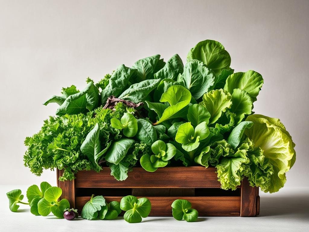 A bountiful still life arrangement of vibrant leafy greens, including kale, spinach, swiss chard, and romaine lettuce, illuminated by soft, natural lighting. The produce is displayed in an elegant, rustic wooden crate or basket, set against a plain, textured background to emphasize the verdant colors and lush textures of the leaves. The composition captures the inherent beauty and nutritional value of these essential superfoods, creating a visually appealing and appetizing representation of the foundation of a healthy diet.