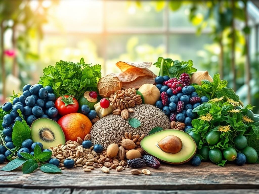 A bountiful still life arrangement showcasing an array of vibrant, nutrient-dense superfoods against a softly lit, natural backdrop. In the foreground, a variety of fresh fruits and vegetables, such as blueberries, kiwi, avocado, and leafy greens, are elegantly displayed on a rustic wooden surface. The middle ground features an assortment of nuts, seeds, and superfoods like chia, flaxseed, and goji berries, artfully arranged to accentuate their textures and colors. The background depicts a serene, sun-dappled setting, perhaps a garden or greenhouse, creating a sense of tranquility and connection to nature. The overall composition evokes a feeling of vitality, wellness, and the power of natural, anti-aging ingredients.