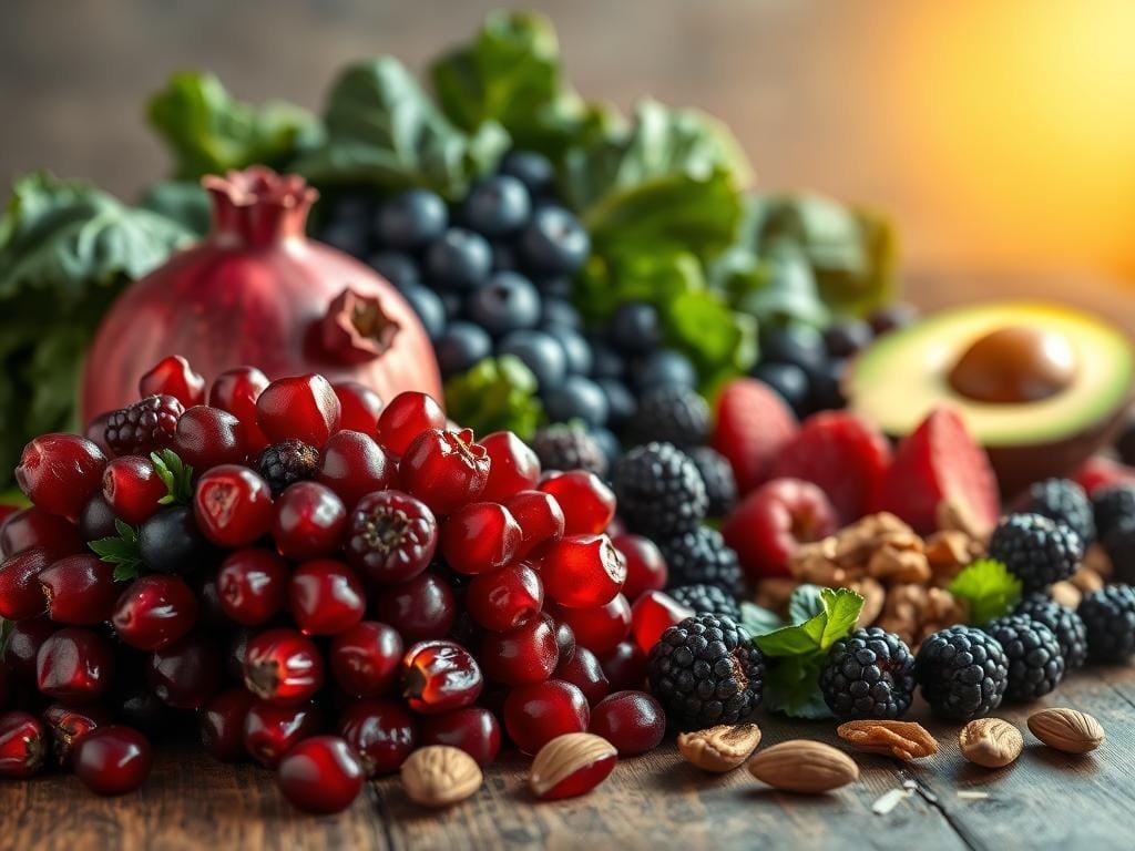 A bountiful still life of antioxidant-rich superfoods, bathed in warm, golden light and arranged on a rustic wooden table. In the foreground, a cluster of deep red pomegranate arils, their juicy jewel-like seeds gleaming. Surrounding them, a vibrant array of blueberries, raspberries, and blackberries, their deep hues contrasting with the vibrant green of kale leaves. In the middle ground, a sliced avocado reveals its creamy green flesh, while a handful of raw almonds and walnuts add textural interest. The background is softly blurred, hinting at a minimalist, nature-inspired setting that allows the nourishing ingredients to take center stage.