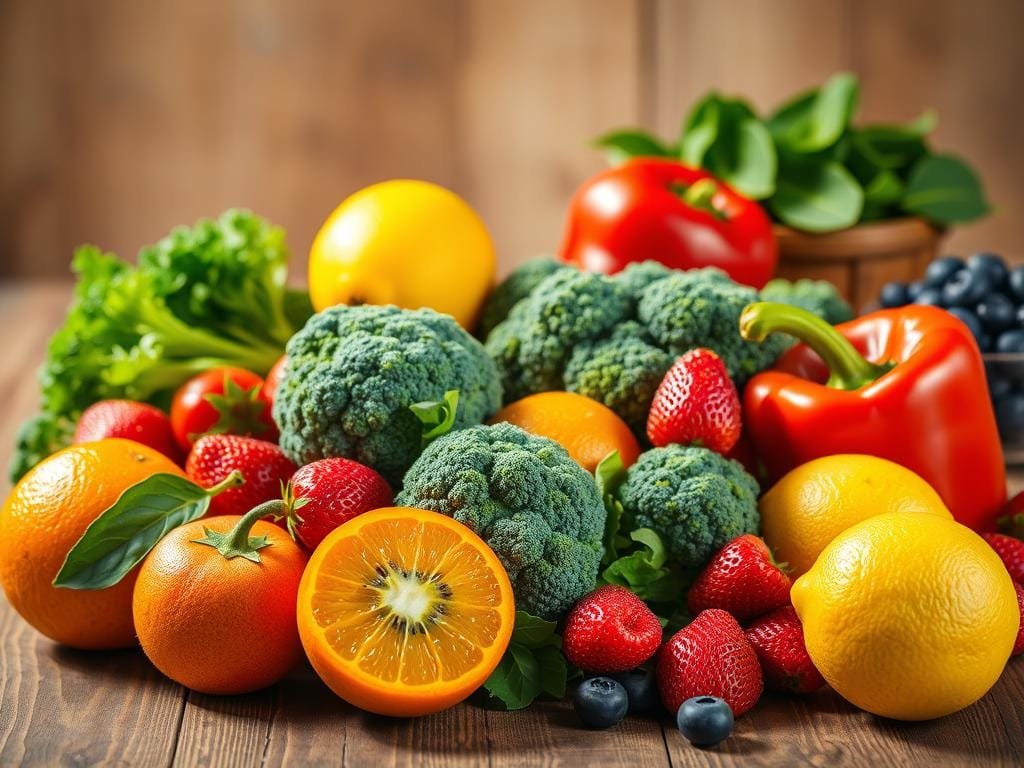 A bountiful still life of vibrant, ripe vitamin C-rich fruits and vegetables, beautifully arranged on a rustic wooden table. In the foreground, a juicy orange, a tangy kiwi, and a crisp red bell pepper. In the middle ground, a cluster of succulent strawberries, a bundle of fresh broccoli florets, and a juicy lemon. In the background, a bowl of deep green spinach leaves and a handful of juicy blueberries. The lighting is warm and natural, casting a soft glow on the scene. The composition is balanced and visually appealing, showcasing the vibrant colors and textures of these nutrient-dense, immune-boosting foods.