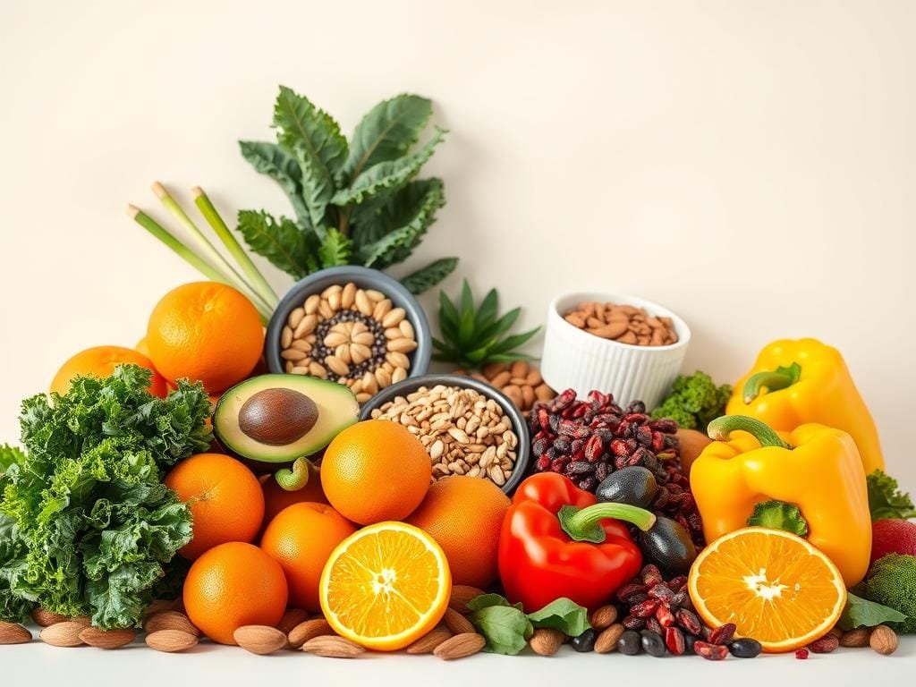 A bountiful still life of vibrant, vitamin-rich foods, artfully arranged against a clean, minimalist backdrop. In the foreground, an assortment of colorful fruits and vegetables - juicy oranges, leafy kale, ripe avocados, and crisp bell peppers. In the middle ground, a selection of nuts, seeds, and superfoods like almonds, chia, and goji berries. The lighting is soft and natural, highlighting the textures and hues of the ingredients. The overall composition conveys a sense of health, balance, and abundance, inviting the viewer to explore the diverse sources of essential vitamins and minerals.