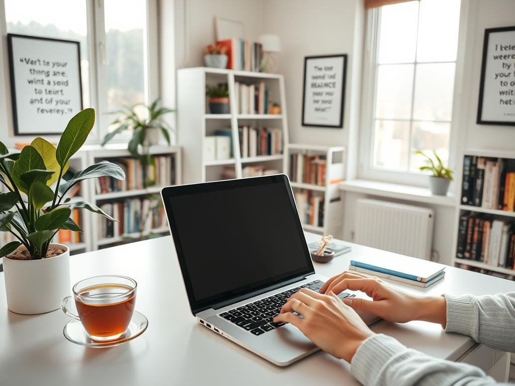 A bright, airy workspace with a laptop, houseplant, and a cup of tea on a clean, minimalist desk. Soft natural light filters in through large windows, casting a warm glow. In the background, a bookshelf filled with books on productivity, mindfulness, and digital well-being. On the walls, framed inspirational quotes about work-life balance and digital detox. The atmosphere exudes a sense of calm focus and healthy tech habits. A person's hands are visible, typing mindfully on the keyboard, representing a state of engaged yet balanced technology use.