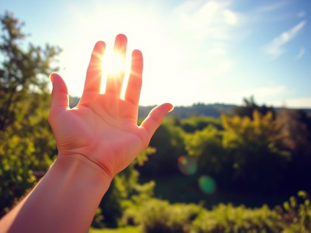 A bright, sun-drenched scene showcasing the natural source of vitamin D - sunlight. In the foreground, a person's hand is outstretched, palm facing up, catching the warm, golden rays of the sun. The middle ground features a lush, verdant landscape with trees and foliage, creating a serene, natural backdrop. In the background, a clear, azure sky with wispy clouds completes the tranquil, outdoor setting. The lighting is soft and diffused, emulating the gentle, nourishing quality of sunlight. The camera angle is slightly elevated, giving a sense of openness and expansiveness to the scene. The overall mood is one of calm, well-being, and the rejuvenating power of nature's own vitamin D.