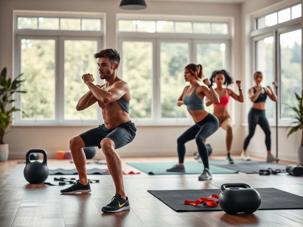 A bright, well-lit home gym setting with a young adult engaging in a comprehensive full-body workout routine. In the foreground, the model performs a series of dynamic exercises like squats, lunges, and burpees, their muscles engaged and movements flowing. The middle ground features a variety of workout equipment, including kettlebells, resistance bands, and a yoga mat, neatly arranged. The background showcases large windows overlooking a lush, natural landscape, creating a serene and motivating atmosphere. The lighting is soft and diffused, highlighting the model's form and creating a sense of warmth and positivity. The overall scene conveys a beginner-friendly, total-body transformation workout that can be easily replicated at home.