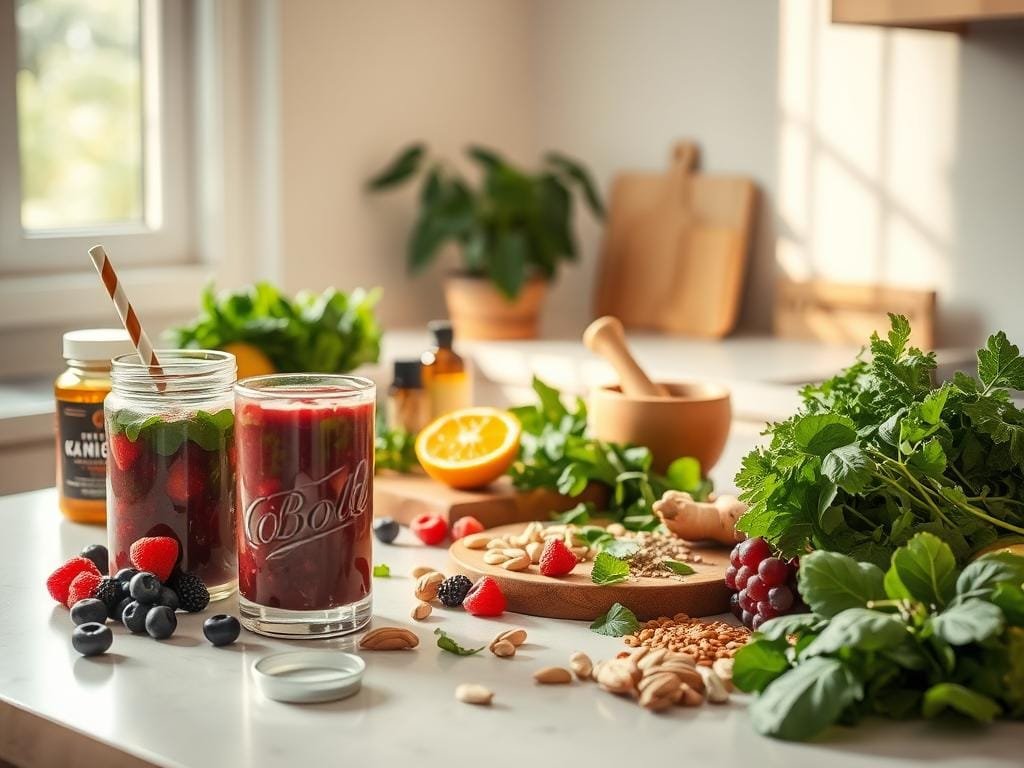 A cozy kitchen counter with an assortment of vibrant superfoods - fresh berries, leafy greens, nuts, and herbs. Glowing natural light streams in through a window, casting a warm, nurturing atmosphere. In the foreground, a glass of fresh smoothie with a straw, surrounded by various supplements and herbal tinctures. The middle ground features a wooden cutting board with sliced citrus, ginger, and a mortar and pestle. In the background, a potted plant and simple, minimalist decor create a sense of balance and tranquility. The overall mood is one of mindful self-care and building a daily routine to support the immune system.