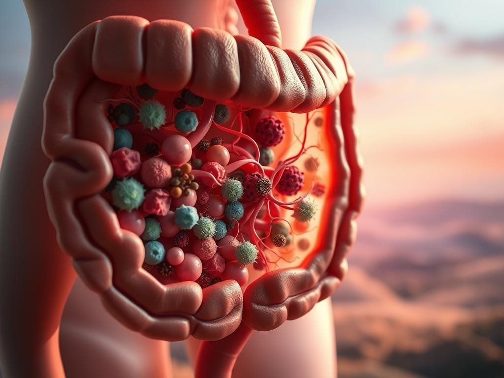 A cross-section of a human gut, showcasing the intricate ecosystem of the microbiome. The foreground depicts the intestinal lining, with a diverse array of bacteria, archaea, fungi, and viruses thriving in a harmonious balance. The middle ground reveals the complex network of blood vessels and nerve endings that facilitate the communication between the gut and the rest of the body. In the background, a serene, abstract landscape of soothing colors and patterns represents the interconnectedness of the gut microbiome and overall human health. Subtle lighting casts a warm, natural glow, capturing the delicate balance of this vital system. Rendered in a detailed, scientifically accurate style using a wide-angle macro lens.