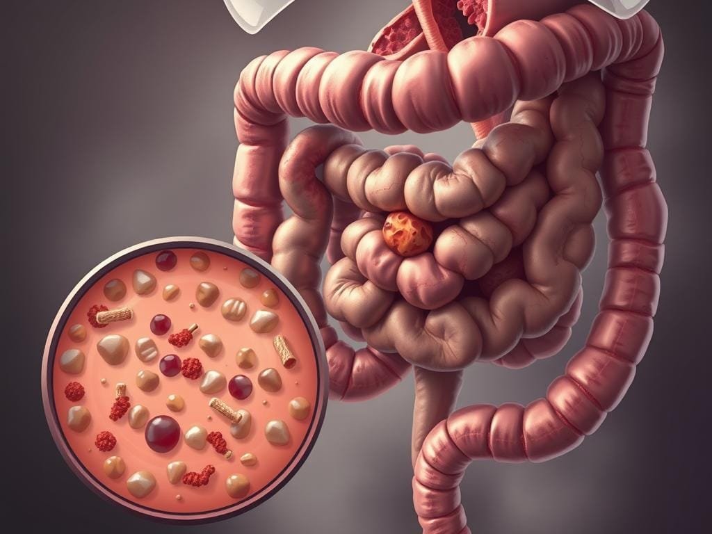 A detailed illustration of an unhealthy gut, depicting the imbalance of gut flora. In the foreground, a magnified view of the intestinal lining, showcasing an overgrowth of harmful bacteria and inflammation. The middle ground features a twisted, distressed digestive system with discolored, bloated sections. In the background, a subdued, muted color palette conveys a sense of unease and distress. The lighting is soft and hazy, creating an atmosphere of discomfort and unease. The overall composition suggests the disruption of the delicate balance within the gut, highlighting the visual manifestation of an unhealthy microbiome.