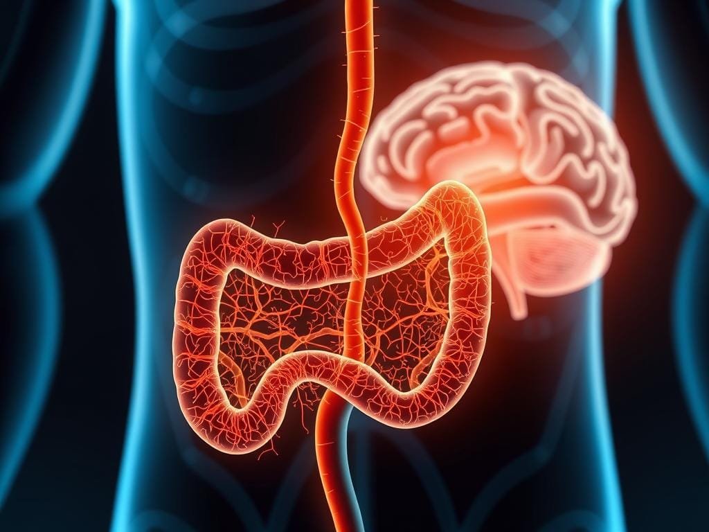 A detailed illustration of the gut-brain axis, depicting the intricate communication between the gastrointestinal system and the central nervous system. In the foreground, a stylized cross-section of the gut showcases the intricate network of neurons, neurotransmitters, and microbial flora, all interconnected and pulsing with activity. In the middle ground, a dynamic representation of the vagus nerve, the primary conduit linking the gut and the brain, winds its way through the composition. In the background, a gently pulsing image of the brain, highlighting the profound influence the gut microbiome has on cognitive function, mood, and overall wellbeing. The scene is illuminated by a warm, soft light, conveying a sense of harmony and balance within this critical physiological axis.
