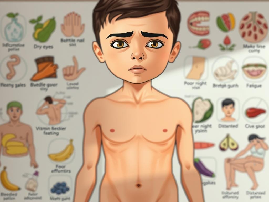 A detailed illustration showcasing various vitamin deficiency symptoms. In the foreground, a close-up view of a person's face displaying skin discoloration, dry eyes, and brittle nails. In the middle ground, the figure's torso reveals muscle weakness and fatigue. The background depicts a range of other deficiency indicators, such as bleeding gums, poor night vision, and a distended abdomen. The lighting is soft and natural, creating an educational, informative atmosphere. Captured with a high-resolution camera lens, the image conveys the visual cues of micronutrient imbalances in a clear, concise manner.