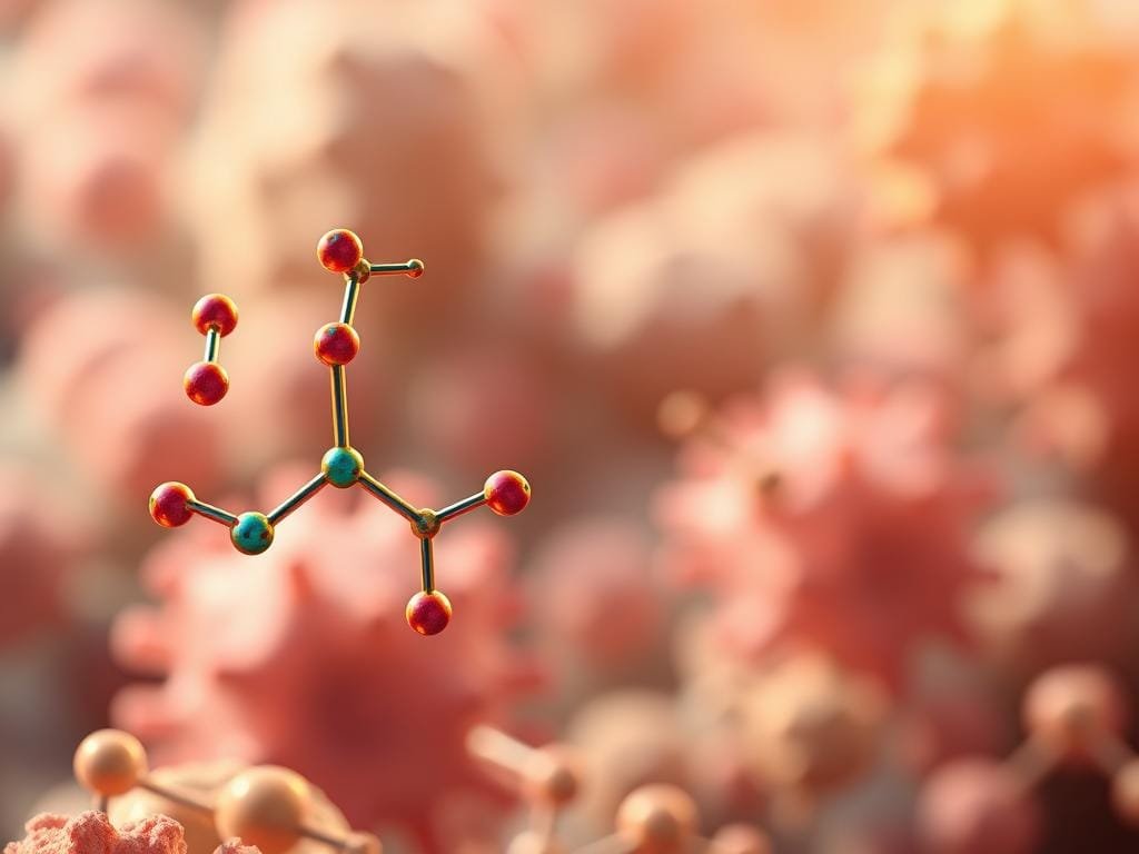 A detailed, molecular-level illustration of vitamin D biochemistry. In the foreground, a large, three-dimensional chemical structure of vitamin D2 or D3, rendered in vibrant colors to highlight its complex geometry. In the middle ground, a series of smaller, interconnected structures depicting the various metabolic pathways and conversions of vitamin D, such as 25-hydroxylation, 1α-hydroxylation, and vitamin D receptor binding. The background should feature a soft, blurred landscape of cells, tissues, or organs to contextualize the biochemical processes. Lighting should be directional, casting shadows and highlights to accentuate the depth and dimensionality of the molecular structures. The overall mood should be one of scientific precision and visual clarity, conveying the intricacy and importance of vitamin D's role in human health.