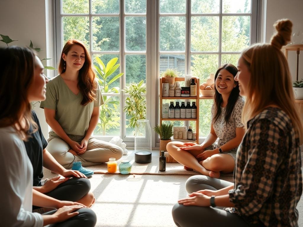 A group of holistic health practitioners gathered in a serene, sun-lit space, exuding a sense of tranquility and wellness. In the foreground, a diverse team of practitioners - a mindfulness coach, a licensed acupuncturist, and a holistic nutritionist - are engaged in conversation, their faces radiating a calming presence. The middle ground features various holistic wellness tools and modalities, such as meditation cushions, aromatherapy diffusers, and shelves of herbal supplements. In the background, a large window overlooking a lush, verdant garden creates a natural, earthy atmosphere, inviting a sense of connection to the natural world. The lighting is soft and diffused, creating a warm, inviting ambiance that reflects the holistic, nurturing approach of the practitioners.
