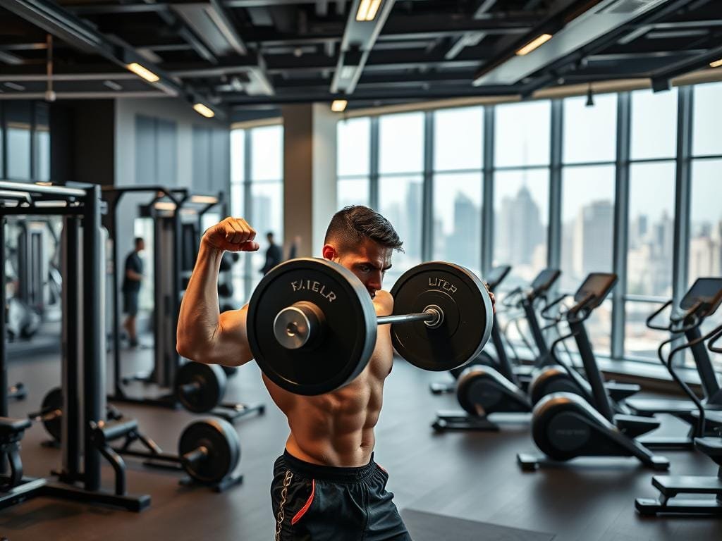 A high-intensity training facility, with a sleek, modern aesthetic. The foreground features a muscular athlete performing a demanding weightlifting exercise, their strained expression and powerful form conveying intense focus and determination. The middle ground showcases various training equipment - free weights, resistance bands, and advanced cardio machines - arranged in a dynamic, organized layout. The background is bathed in a warm, energizing lighting, with floor-to-ceiling windows offering a panoramic view of a bustling urban skyline, hinting at the elite level of performance being achieved within. The overall atmosphere evokes a sense of uncompromising discipline, cutting-edge technology, and the relentless pursuit of physical excellence.