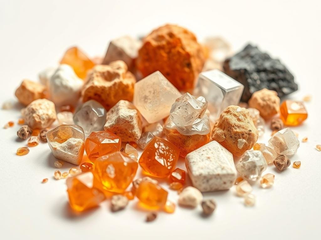 A high-key, macro-style image of a curated assortment of essential minerals for healthy skin and hair, arranged artfully on a clean, minimalist background. The minerals, such as copper, zinc, magnesium, and selenium, are depicted as glossy, reflective spheres, crystals, and nuggets, capturing the light beautifully. The composition is balanced and aesthetically pleasing, highlighting the natural beauty and transformative power of these critical nutrients. Soft, diffused lighting from above casts gentle shadows, accentuating the textures and shapes of the minerals. The overall mood is one of purity, sophistication, and the promise of radiant, glowing skin and lustrous hair.