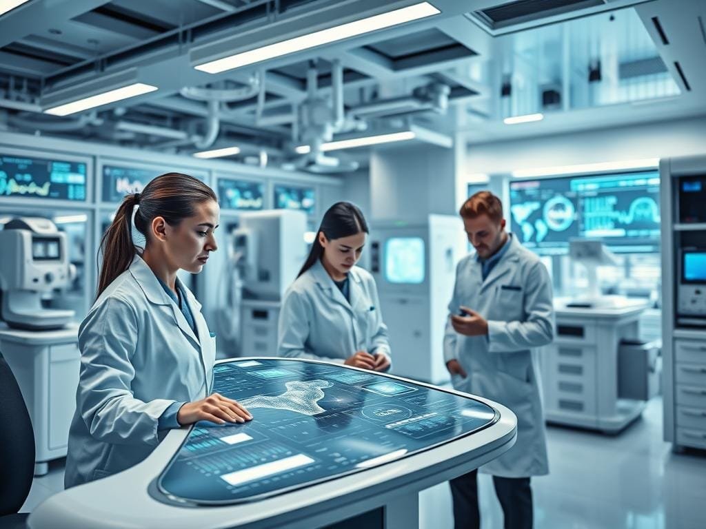 A high-tech laboratory filled with sleek medical equipment and holographic data displays. In the foreground, an ergonomic workstation with a curved, glossy display showcasing intricate visualizations of health metrics and analytics. The middle ground features medical professionals in crisp, white lab coats poring over the data, their expressions thoughtful and focused. In the background, an array of advanced diagnostic machines and cutting-edge technology convey a sense of innovation and scientific discovery. The lighting is cool and clinical, casting a soft glow that illuminates the sophisticated atmosphere. The overall mood is one of precision, efficiency, and a deep commitment to unraveling the mysteries of personalized health through the power of data-driven insights.