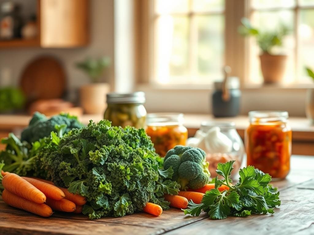 A lush, earthy still life capturing the essence of a gut-health-focused diet. In the foreground, an array of vibrant, fiber-rich vegetables - kale, broccoli, and carrots - arranged artfully on a rustic wooden table. In the middle ground, jars of fermented foods like sauerkraut and kimchi, symbolic of the gut-nourishing probiotics. The background features a softly blurred view of a sunny kitchen window, letting in warm natural light that casts a gentle glow over the scene. The overall mood is one of wholesome nourishment, inviting the viewer to consider the profound connection between diet and digestive well-being.