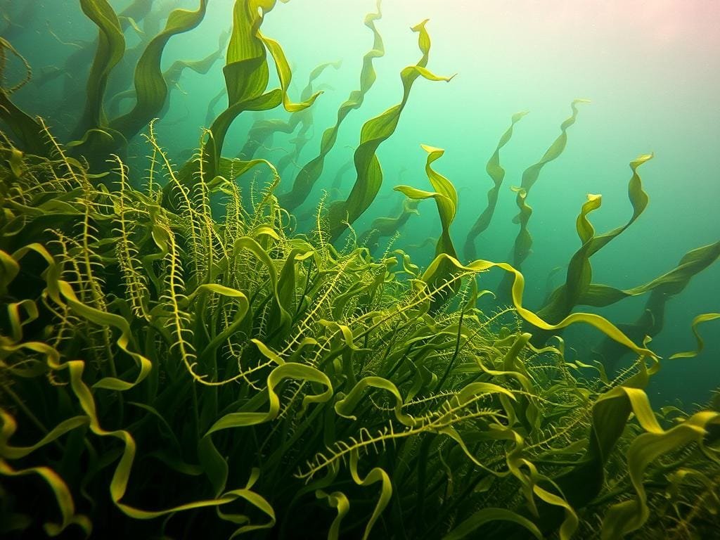 A lush underwater seascape teeming with vibrant, undulating seaweeds in shades of emerald, olive, and forest green. The foreground features a dense cluster of delicate fronds swaying gently in the current, their sinuous tendrils reaching towards the surface. In the middle ground, larger kelp-like plants sway back and forth, their broad leaves catching the soft, diffused light filtering down from above. The background fades into a hazy, blue-green abyss, suggesting the vast expanse of the ocean. The scene is bathed in a warm, golden glow, evoking a sense of tranquility and abundance. The composition is balanced and harmonious, showcasing the natural beauty and rhythmic movement of these aquatic superfoods.