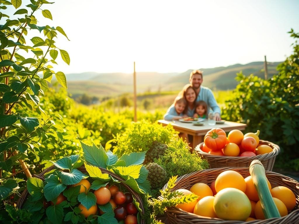 A lush, verdant landscape filled with thriving plants and produce, bathed in warm, golden sunlight. In the foreground, a bountiful harvest of seasonal fruits and vegetables spill out from woven baskets, their vibrant colors and organic shapes suggesting a nourishing, sustainable diet. In the middle ground, a small family gathers around a simple wooden table, enjoying a plant-based meal together, their faces beaming with health and happiness. The background reveals rolling hills and a clear blue sky, conveying a sense of harmony and balance between people and nature. The scene evokes a tranquil, eco-friendly way of living that respects the Earth's resources.
