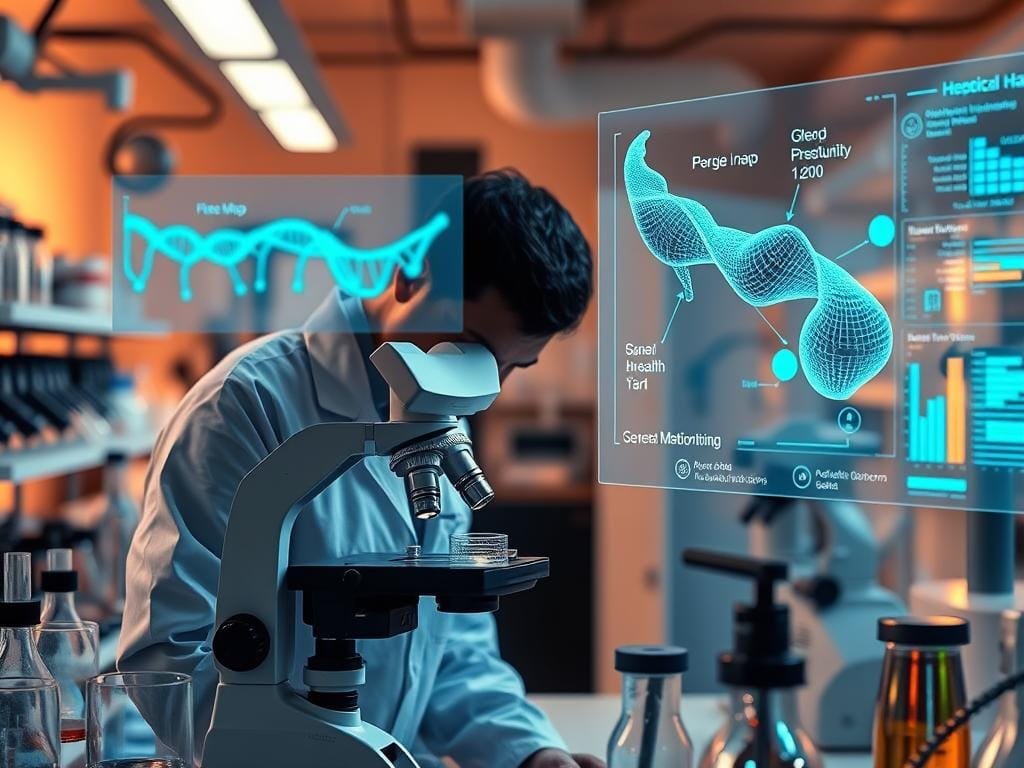 A medical laboratory filled with state-of-the-art diagnostic equipment, beakers, and microscopes. In the foreground, a scientist in a white lab coat examines a sample under a high-powered microscope, their face obscured in deep concentration. Surrounding them, holographic displays showcase detailed genetic maps and personalized health data. The background is bathed in a warm, inviting glow, suggesting the promise of personalized, data-driven healthcare. The overall mood is one of scientific innovation, precision, and the empowerment of individuals to take control of their unique health blueprint.