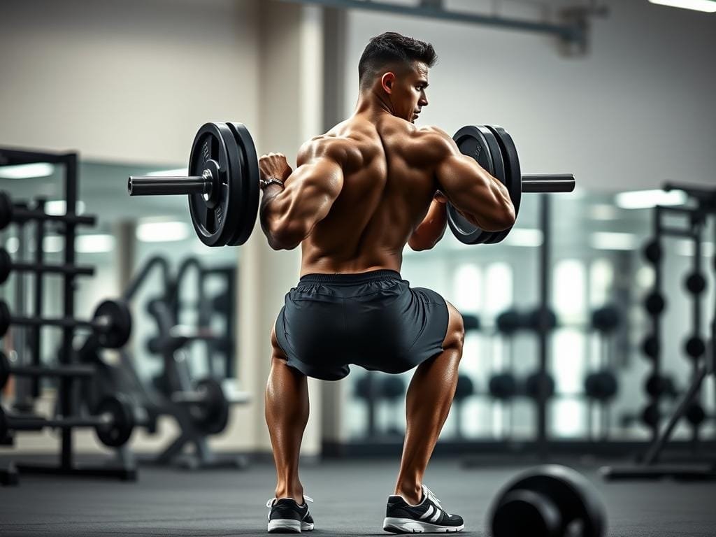 A muscular person demonstrating proper form while performing a barbell squat in a well-lit, modern weight room. The subject is shown from the side, their body in perfect alignment with their hips, knees, and ankles stacked. The barbell is positioned across their upper back, and their torso is braced with their core engaged. The background is blurred, focusing the viewer's attention on the subject's technique. The lighting is soft and flattering, highlighting the subject's physique and the details of their form. The overall mood is aspirational, showcasing the benefits of mastering proper weight training techniques.
