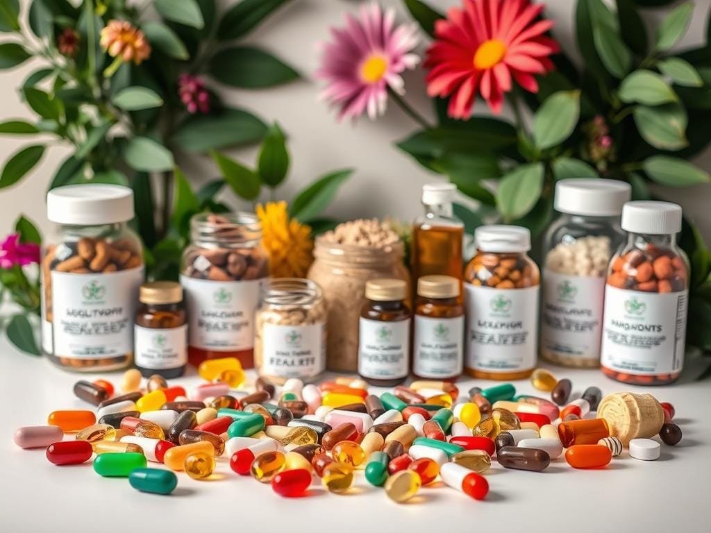 A neatly arranged still life capturing an assortment of health supplements. In the foreground, an array of colorful capsules, tablets, and softgels in various shapes and sizes are displayed on a clean, white surface. The middle ground features glass jars and bottles filled with powders, liquids, and tinctures, their labels showcasing the key ingredients. In the background, lush, green leaves and vibrant flowers create a natural, earthy backdrop, conveying a sense of purity and vitality. The lighting is soft and diffused, casting gentle shadows and highlighting the textures and reflections of the supplements. The overall composition is balanced and aesthetically pleasing, inviting the viewer to explore the array of natural remedies for radiant skin and lustrous hair.