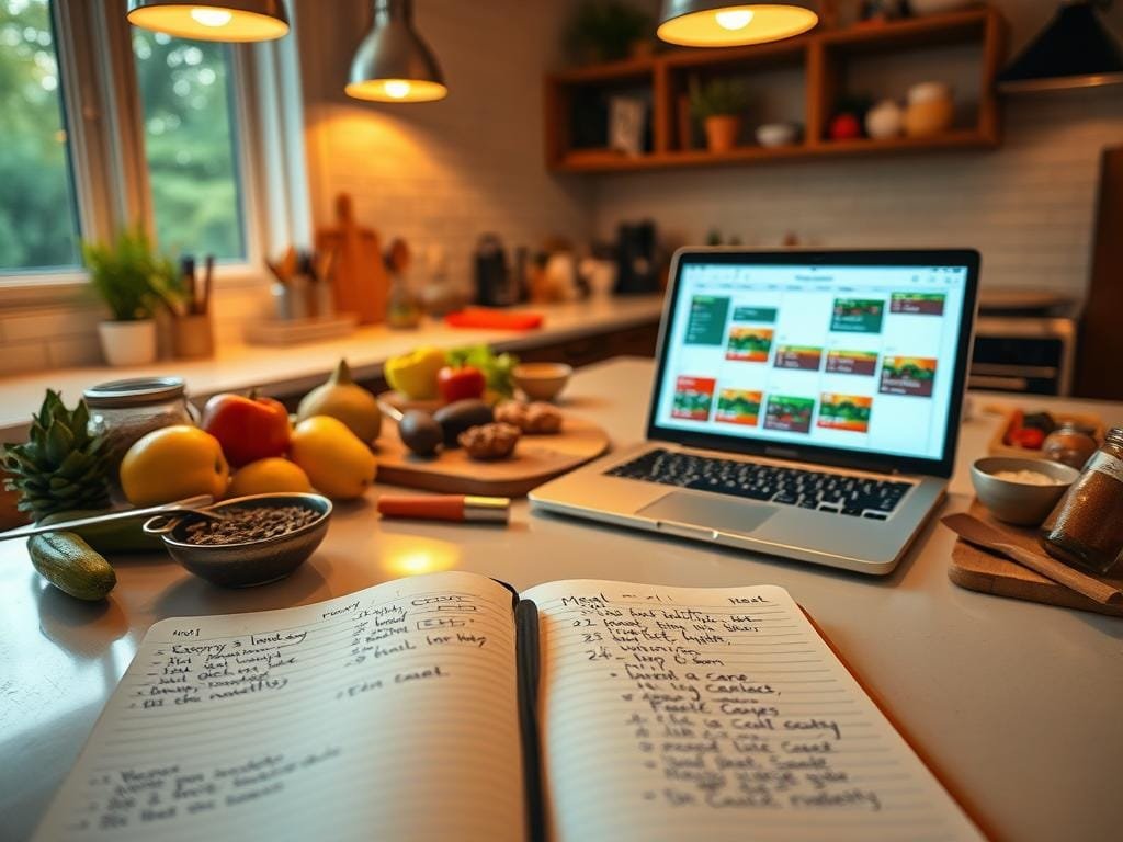 A neatly organized kitchen counter, illuminated by warm, soft lighting from overhead fixtures. In the foreground, an open notebook with handwritten meal plans, surrounded by an array of fresh produce, spices, and cooking utensils. In the middle ground, a laptop or tablet displays a digital meal planning app, its screen showcasing a weekly schedule of balanced, nutritious meals. The background features a window overlooking a peaceful, natural setting, hinting at the connection between well-planned meals and overall health and wellness.