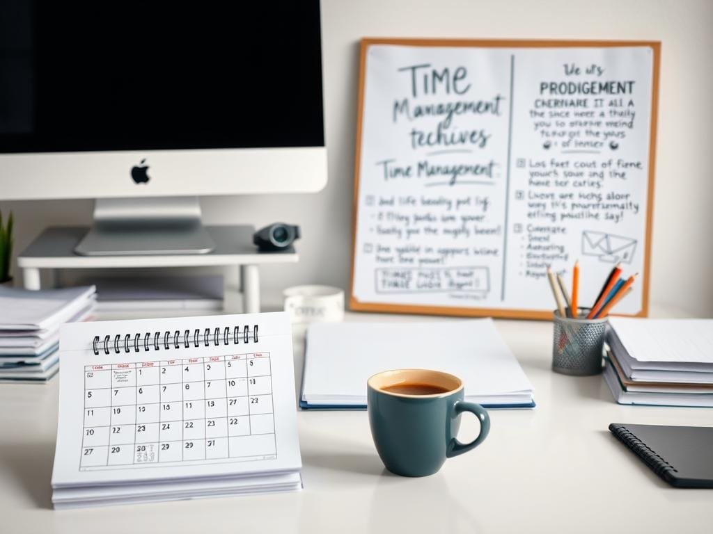 A neatly organized workspace with a desk, computer, and various productivity tools. In the foreground, a hand-drawn calendar, a stack of notes, and a cup of coffee. In the middle ground, a vision board with inspirational quotes and time management techniques. The background features a soft, hazy light, conveying a sense of focus and clarity. The overall scene radiates a serene, minimalist aesthetic, reflecting the efficiency and mindfulness of effective time management.