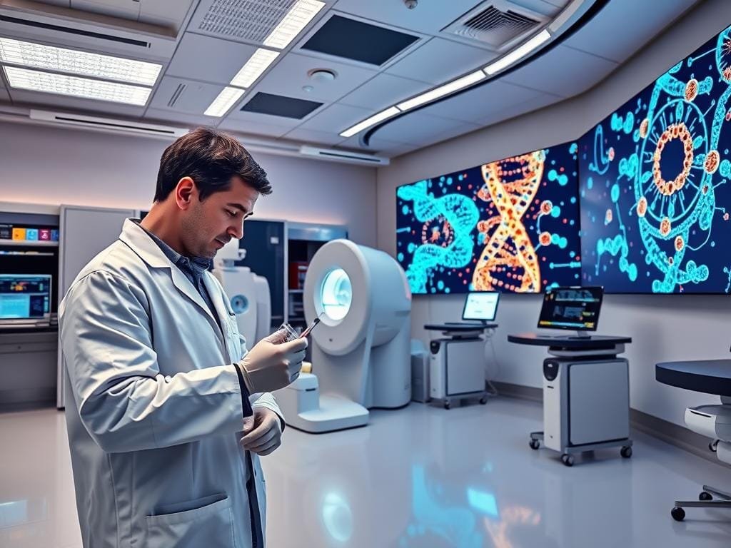 A pristine laboratory with cutting-edge genetic analysis equipment. In the foreground, a scientist in a crisp white lab coat examines a series of DNA samples under the warm glow of LED lighting. The middle ground features sleek, futuristic medical scanning devices, their displays showcasing intricate genetic data. In the background, a vast wall-mounted screen shows a complex molecular visualization, illustrating the personalized insights enabled by precision medicine. The scene conveys a sense of scientific innovation, clinical expertise, and the promise of tailored healthcare solutions.