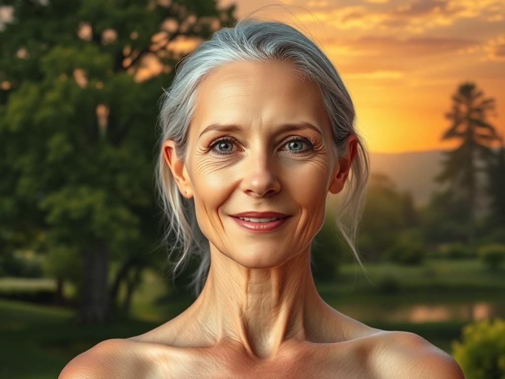 A radiant, ageless woman stands amidst a serene natural setting. Glowing skin, luminous eyes, and a gentle, timeless beauty exude a sense of tranquility and inner peace. Soft, diffused lighting bathes her face, highlighting her flawless complexion. The background features a lush, verdant landscape with towering trees, a tranquil lake, and a stunning sky painted in warm, golden hues. The composition is balanced, with the woman positioned as the focal point, conveying a sense of harmony and a connection to the natural world. The overall atmosphere evokes a feeling of timeless, natural beauty that defies the constraints of age.