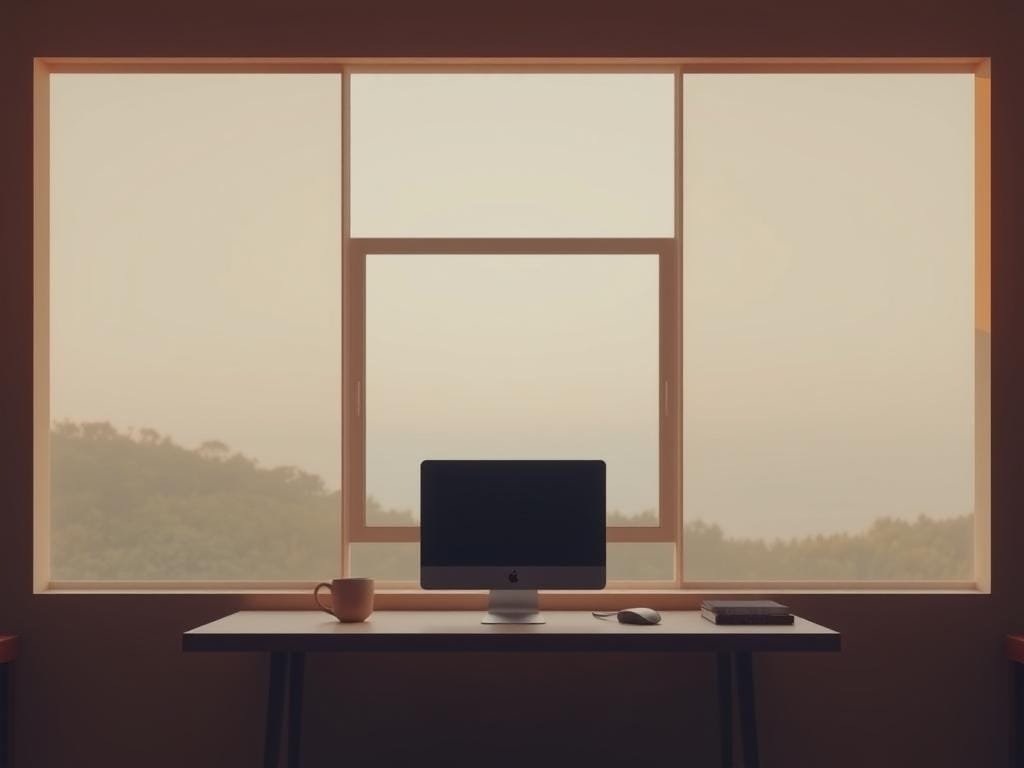 A serene digital landscape, bathed in warm, diffused lighting. In the foreground, a simple, minimalist workspace with a clean, clutter-free desk and a single, sleek computer monitor. The middle ground features a window overlooking a tranquil, natural setting, with lush greenery and a distant horizon. The background is a soft, muted gradient, creating a sense of depth and focus. The overall atmosphere is one of calm, focus, and intentional simplicity - a haven of digital minimalism in the information age.
