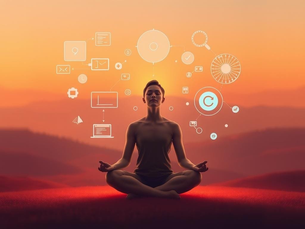 A serene digital landscape, bathed in warm hues and soft, ambient lighting. In the foreground, a person sits cross-legged, eyes closed, hands resting gently on their lap, embodying a state of deep focus and inner peace. Surrounding them, various digital interfaces and devices hover translucently, subtly suggesting the integration of technology and mindfulness. In the middle ground, abstract geometric shapes and patterns pulse and flow, creating a sense of digital energy and interconnectedness. The background features a gentle, glowing horizon, blending the physical and digital realms in a harmonious, contemplative atmosphere.