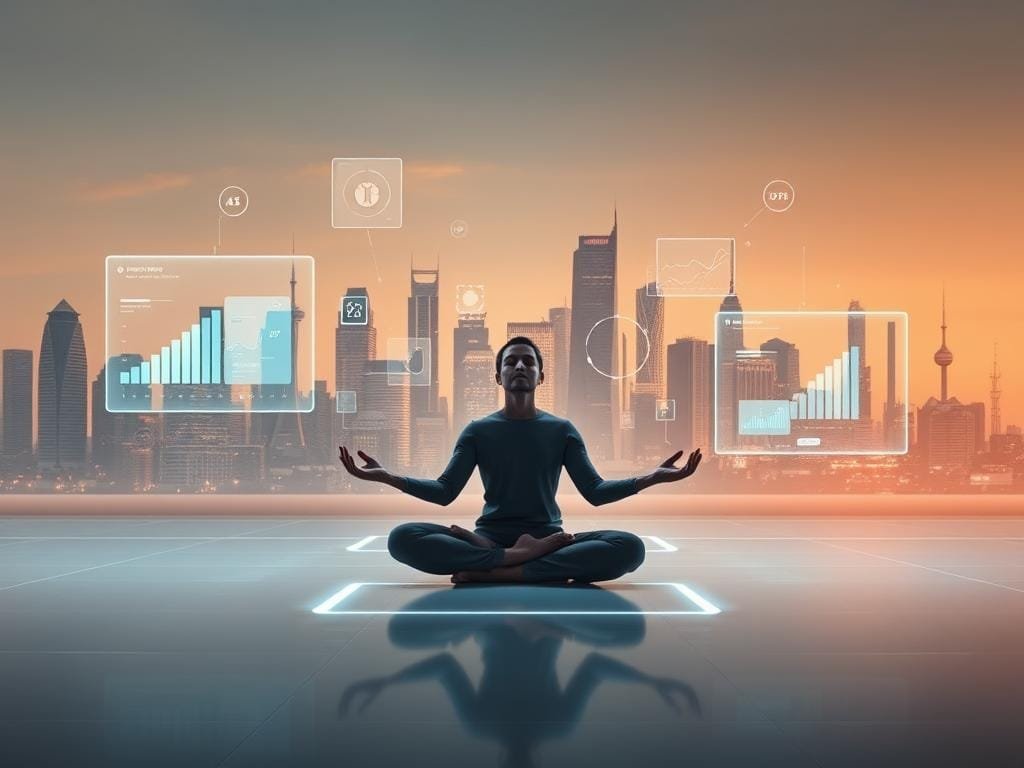 A serene digital landscape with a person in a meditative pose, surrounded by holographic interfaces and minimalist technology. Soft ambient lighting, with warm hues and a sense of tranquility. The foreground features the meditating figure, legs crossed, palms open, eyes closed, radiating an aura of calm focus. In the middle ground, floating screens, graphs, and virtual widgets create a tech-infused environment. The background depicts a futuristic city skyline, with skyscrapers and glowing towers, suggesting the integration of mindfulness into the digital age. The overall atmosphere conveys a harmonious balance between the digital realm and the inner world of the individual.
