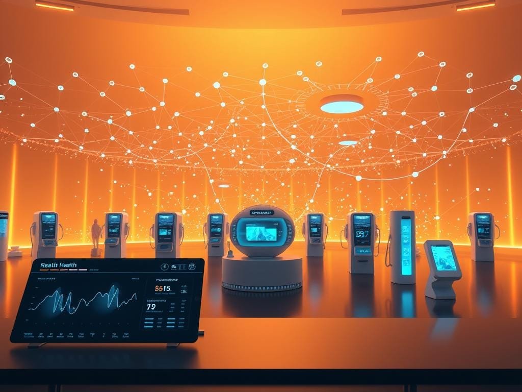 A serene, futuristic digital health ecosystem unfolds in a warm, ambient lighting. In the foreground, a sleek, minimalist dashboard displays real-time health data, seamlessly connected to wearable devices. The middle ground features an array of medical pods and terminals, their holographic interfaces pulsing with diagnostic information. In the background, a sprawling network of interconnected nodes and data streams symbolize the flow of personalized healthcare. The overall scene conveys a sense of technological sophistication, seamless integration, and a vision for a truly connected, preventative wellness experience.