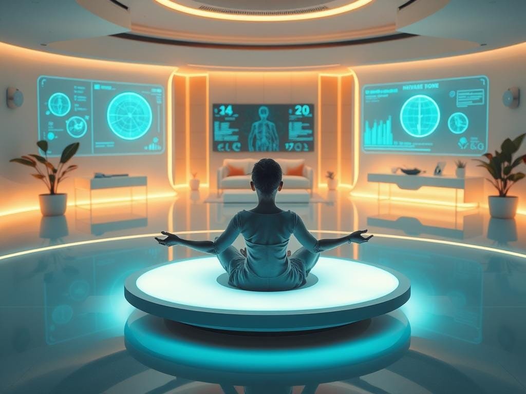 A serene, futuristic landscape showcasing the intersection of technology and mental wellness. In the foreground, a person reclines on a minimalist, hovering meditation platform, surrounded by a soft, ambient glow. In the middle ground, holographic displays project soothing visuals and biofeedback data, while discreet wearable devices monitor the user's vital signs. The background depicts a sleek, high-tech environment with seamlessly integrated smart home features, all bathed in a calming, natural palette of blues and greens. Warm, diffused lighting creates a sense of tranquility, while the composition emphasizes the harmony between the individual and the advanced, yet mindful, technological elements.