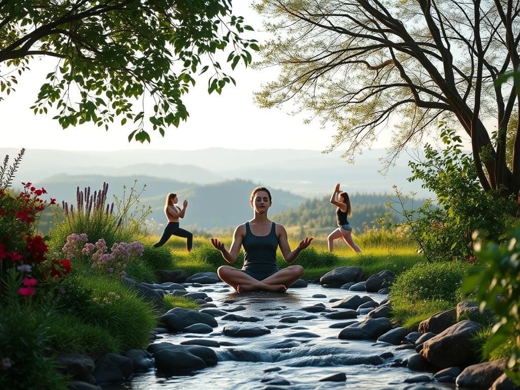 A serene garden setting, where various mindfulness practices are depicted. In the foreground, a person sits in a lotus position, eyes closed, palms upturned, radiating a sense of tranquility. Surrounding them, a collection of natural elements - a flowing stream, lush greenery, and fragrant flowers - create a soothing ambiance. The middle ground features individuals engaged in gentle movements, such as tai chi or yoga, their bodies in harmony with the rhythmic breathing. In the background, a picturesque landscape unfolds, with rolling hills, a distant forest, and a warm, diffused lighting that casts a soft, calming glow over the entire scene. The overall atmosphere evokes a sense of inner peace, reflection, and a deep connection with the natural world.