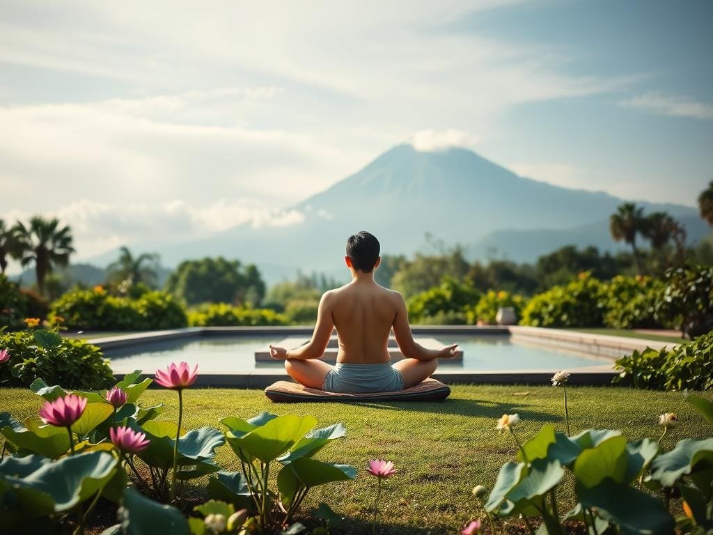 A serene garden setting, with a person sitting cross-legged on a meditation cushion, their eyes closed in deep contemplation. The foreground features lush greenery, including a vibrant lotus pond and delicate flowering plants. The middle ground showcases a calming water feature, its gentle flow creating a soothing ambiance. In the background, a majestic mountain range rises, its peaks partially shrouded in wispy clouds. The lighting is soft and diffused, creating a warm, inviting atmosphere. The entire scene conveys a sense of inner peace, tranquility, and the practice of mindfulness.
