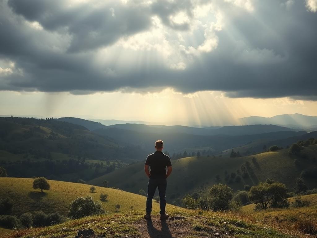A serene landscape of rolling hills and scattered trees, dappled with sunlight. In the foreground, a solitary figure stands resolute, their back to the viewer, gazing out towards the horizon. Their stance is strong, yet relaxed, exuding a sense of inner calm and unwavering resilience. The figure's form is softly illuminated, casting a subtle glow that seems to emanate from within. In the middle ground, a stormy sky looms, with dark clouds parting to reveal a glimmer of hope in the distance. The scene evokes a sense of tranquility amidst life's challenges, a testament to the power of emotional resilience to weather any storm.
