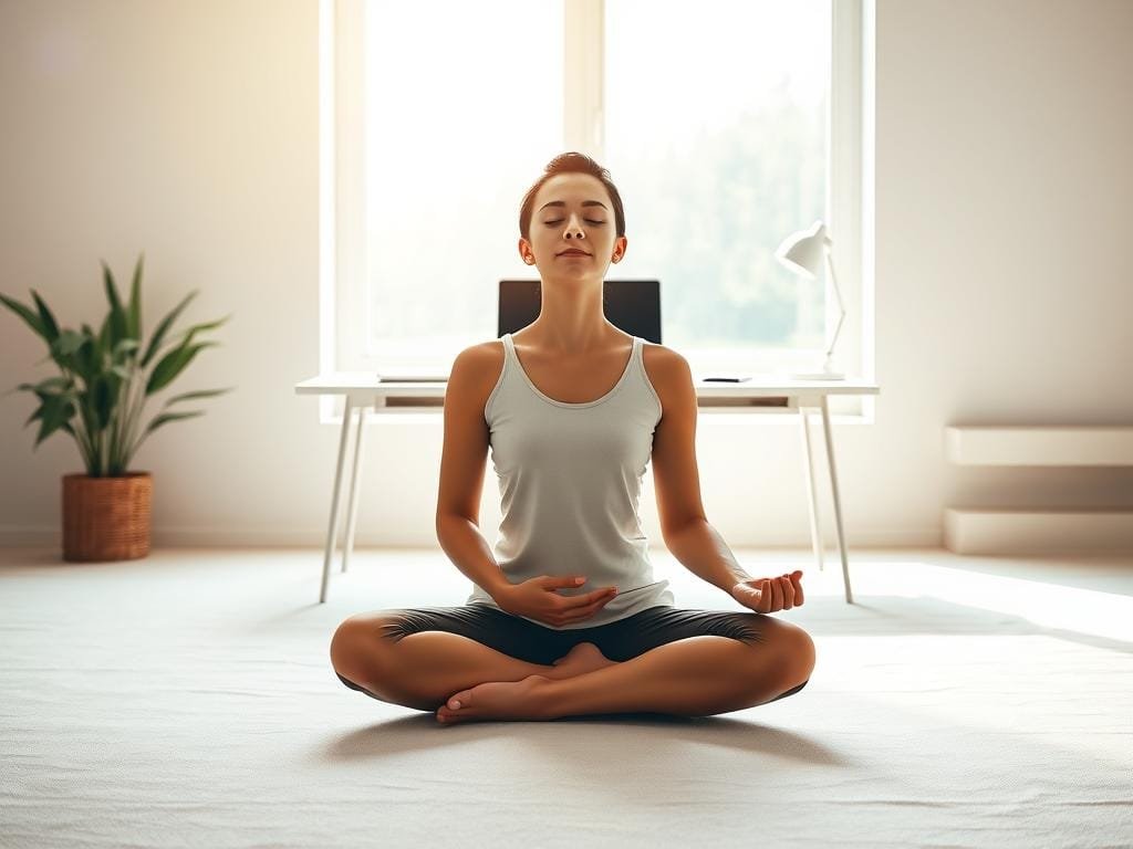 A serene, minimalist scene depicting digital wellbeing. In the foreground, a person sits cross-legged, eyes closed, hands resting gently on their lap, radiating a sense of inner calm and focus. Soft, natural lighting filters through a window, casting a warm glow on the figure. In the middle ground, a clean, uncluttered desk with a laptop, smartphone, and other digital devices neatly arranged, signifying a balanced relationship with technology. The background features a tranquil landscape, perhaps a forest or a serene body of water, conveying a sense of harmony and connection with the natural world. The overall atmosphere is one of mindfulness, balance, and digital wellness.