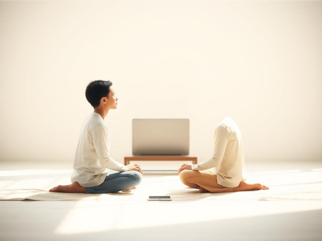 A serene, minimalist scene depicting mindful communication in the digital age. In the foreground, two figures sit cross-legged, facing each other, eyes closed in deep, focused conversation. Their body language radiates a sense of calm and connection. The middle ground features a laptop and smartphone, gently blurred, symbolizing technology's role in modern communication. The background is a soft, muted palette of natural tones, creating a peaceful, contemplative atmosphere. Diffused, natural lighting casts a warm, gentle glow, enhancing the meditative quality of the scene. The overall composition conveys a sense of mindfulness, presence, and meaningful digital interaction.