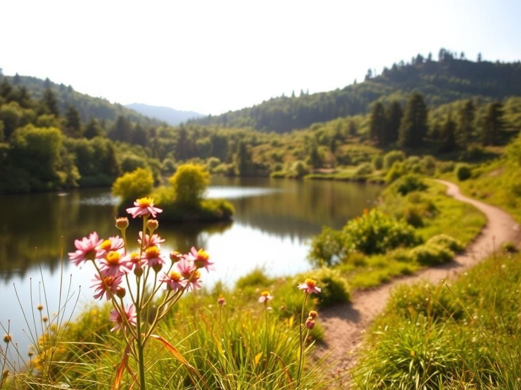 A serene natural landscape unfolds, with a tranquil lake reflecting the verdant foliage of the surrounding forest. In the foreground, a cluster of wildflowers sway gently in the soft breeze, their vibrant colors adding a touch of radiance. The mid-ground features a winding path, inviting exploration, while in the distance, rolling hills dotted with towering trees create a picturesque backdrop. The scene is bathed in warm, golden sunlight, casting a gentle glow over the entire composition. The overall atmosphere is one of peaceful solitude, showcasing the local natural beauty resources that can be found within a thriving community.