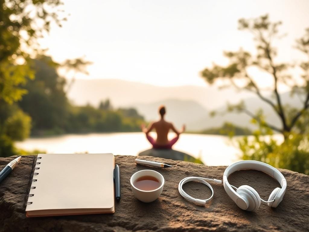 A serene outdoor scene with a person sitting in a meditative pose on a rock, surrounded by lush greenery and a calm body of water. Warm, diffused lighting creates a peaceful atmosphere. In the middle ground, there are a few simple, minimalist objects like a notebook, a cup of tea, and a pair of headphones, symbolizing digital detox techniques. The background features a distant mountain range with soft, hazy silhouettes. The overall composition conveys a sense of tranquility, introspection, and a retreat from the digital world.