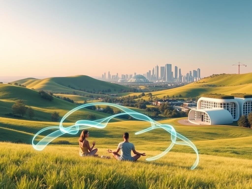A serene, pastel-hued landscape with rolling hills, lush meadows, and a clear azure sky. In the foreground, a group of people sit cross-legged in meditation, their faces radiating inner peace. Flowing ribbons of light dance around them, symbolizing the mental wellness revolution. In the middle ground, futuristic wellness centers with curved, organic architecture blend seamlessly with the natural environment. Holographic interfaces and soothing chromotherapy lighting suggest advanced, personalized mental health therapies. The background depicts a bustling metropolis, its skyscrapers capped with verdant rooftop gardens, reflecting a society that prioritizes mental wellbeing. The entire scene conveys a harmonious balance between technology, nature, and the human spirit.