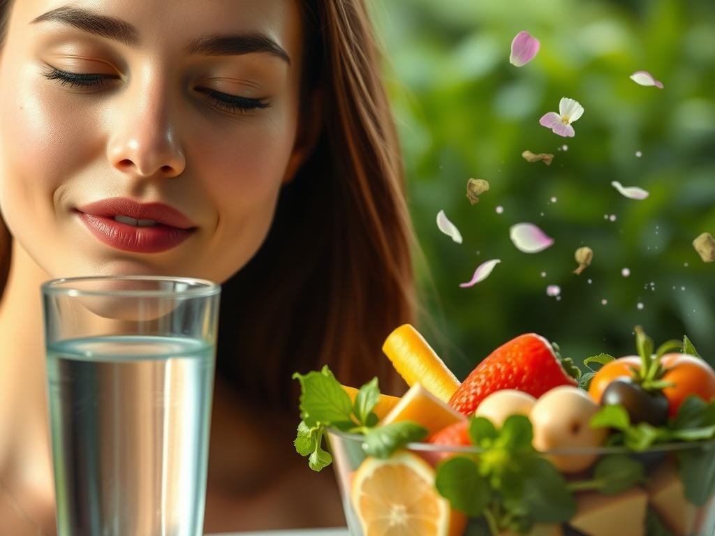 A serene scene of a young woman's face, bathed in soft, diffused lighting that highlights her glowing, youthful complexion. In the foreground, a glass of water and a bowl of fresh, vibrant fruits and vegetables - the foundations of a nourishing, hydrating diet. The middle ground features a lush, verdant backdrop, symbolizing the natural, holistic approach to skin health. Delicate, wispy flower petals drift gently in the air, adding an ethereal, calming ambiance. The overall composition conveys a sense of balance, tranquility, and the inherent beauty of nurturing one's skin from the inside out.