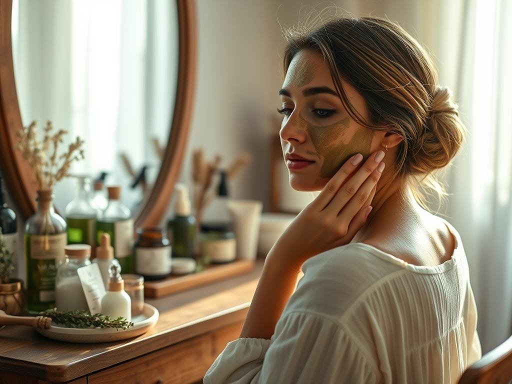 A serene, softly-lit scene of a wooden vanity adorned with an array of natural beauty products - crystal bottles, ceramic jars, and sprigs of fragrant herbs. In the foreground, a woman's hands gently apply a face mask, her expression one of tranquil focus. Sunlight filters through a window, casting a warm, diffused glow over the tranquil tableau. The background is a blurred, muted palette, allowing the personalized beauty routine to take center stage. A sense of balance, harmony, and intentionality permeates the image, inviting the viewer to embrace a holistic approach to beauty and self-care.