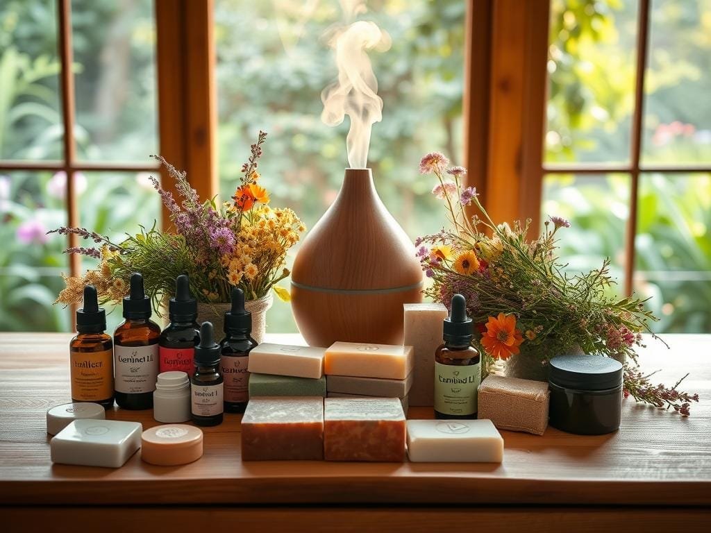 A serene, spa-like setting featuring an array of holistic beauty products arranged artfully on a natural wood table. In the foreground, an assortment of essential oils, plant-based creams, and handcrafted soaps in earthy tones. The middle ground showcases a diffuser emitting soothing steam, surrounded by bunches of fragrant herbs and flowers. In the background, a large window overlooking a lush garden, bathed in warm, diffused lighting, creating a tranquil, wellness-focused atmosphere. The overall scene conveys a sense of balance, purity, and a holistic approach to self-care and beauty.