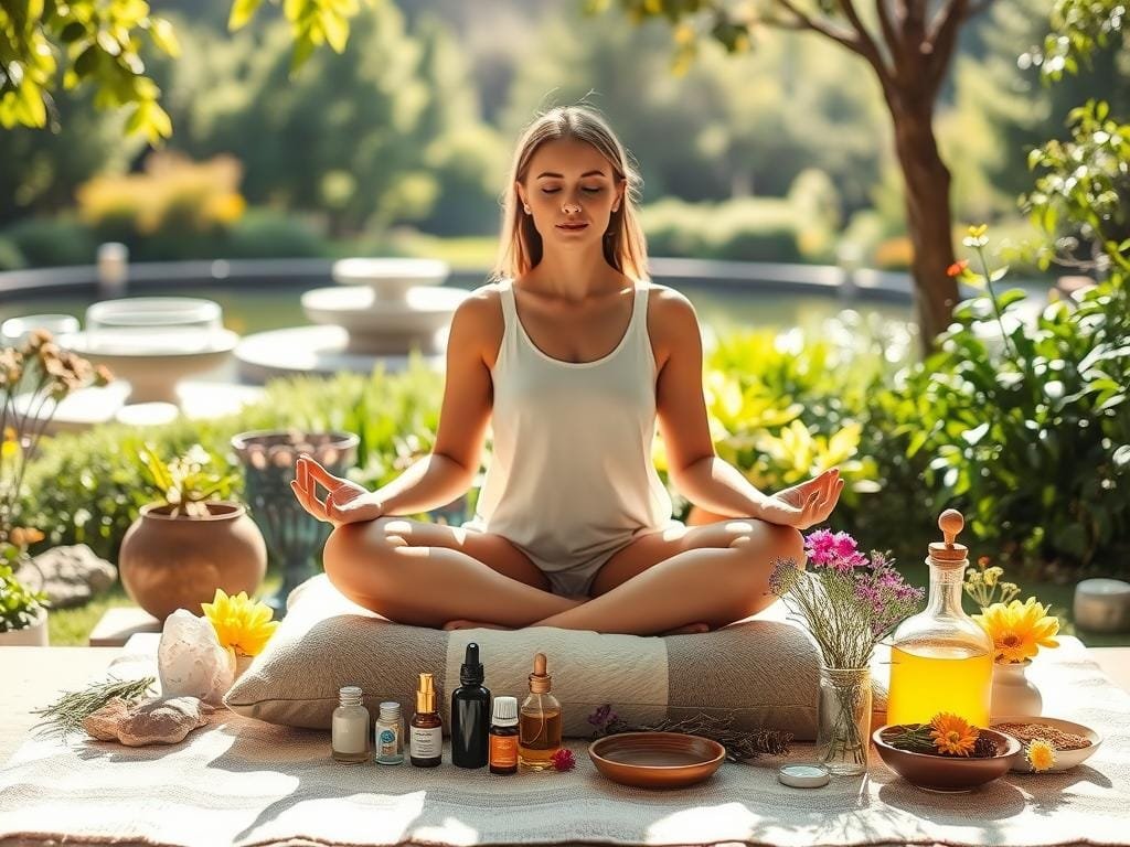 A serene, sun-dappled garden setting with a woman seated in a cross-legged meditation pose on a plush cushion, surrounded by an assortment of natural beauty tools and ingredients such as crystals, essential oils, fresh flowers, and herbal remedies. The lighting is soft and diffused, creating a sense of tranquility and inner focus. In the background, a blurred landscape of lush greenery and a calming water feature. The overall atmosphere evokes a holistic, mindful approach to cultivating inner and outer beauty.