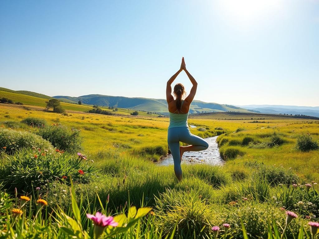 A serene, sun-dappled meadow bathed in warm, golden light. In the foreground, a person performing gentle yoga poses, their movements fluid and graceful. Surrounding them, an abundance of lush, vibrant greenery and wildflowers, creating a sense of harmony and connection with nature. In the middle ground, a babbling brook winds its way through the landscape, its calming sounds punctuating the tranquil atmosphere. In the distance, rolling hills and a cloudless sky, conveying a feeling of expansiveness and inner peace. The overall scene radiates a sense of holistic well-being, where the body, mind, and spirit are nourished and rejuvenated.