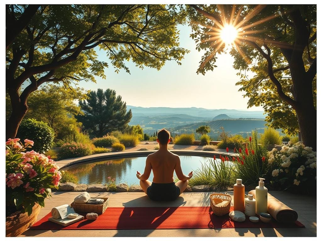 A serene, sunlit garden oasis, where lush greenery, blooming flowers, and a tranquil pond converge to create a harmonious, holistic ambiance. In the foreground, a figure sits in a relaxed, meditative pose, radiating a sense of inner peace and well-being. Warm, diffused lighting filters through the canopy of trees, casting a soft glow over the scene. The middle ground features various wellness-oriented elements, such as yoga mats, natural wellness products, and calming crystals, all arranged in a visually appealing and balanced composition. In the background, a panoramic view of rolling hills and a clear, azure sky evokes a feeling of connection to the natural world. The overall atmosphere is one of balance, integration, and a holistic approach to wellness.