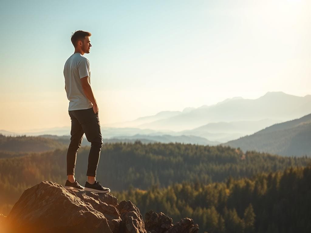 A serene, tranquil landscape with a lone figure standing atop a rocky outcrop, gazing out towards a distant horizon. Warm, diffused sunlight bathes the scene, casting a soft, golden glow. The figure's posture is one of inner calm and resilience, their face reflecting a sense of focus and determination. In the middle ground, a lush forest extends, its verdant foliage contrasting with the rugged terrain. In the background, majestic mountains rise, their snow-capped peaks piercing the azure sky. The overall atmosphere conveys a sense of clarity, strength, and the ability to overcome challenges, embodying the concept of mental resilience.